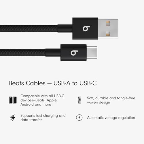 Beats USB-A to USB-C Fast Charging Cable 1.5m Durable Tangle-Free Woven for Apple Android Devices Bolt Black