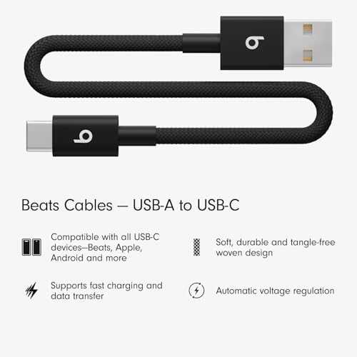 Beats USB-A to USB-C Fast Charging Cable Durable/Tangle-Free (20cm Short) - Bolt Black for Apple & Android