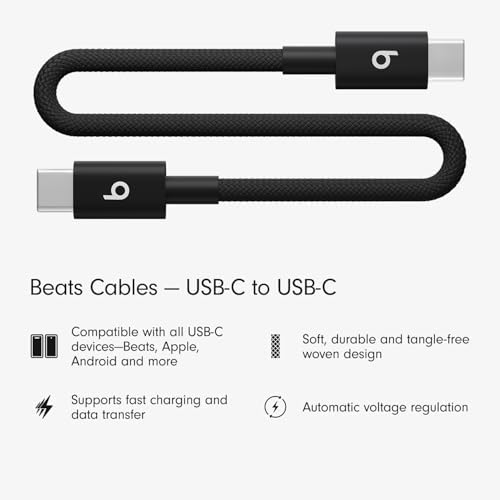Beats USB-C Fast Charging Cable - Durable Tangle-Free Woven 20cm Short for Apple Android Devices - Bolt Black